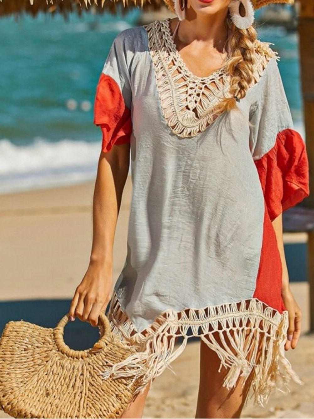 SHEIN Colorblock Light Blue & Red Boho Fringe Hem Cover-Up Summer Tunic Size OS